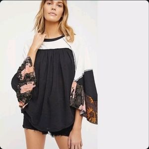 Free People Womens Small Oversized Tunic Top Patchwork Black Floral Loose Fit